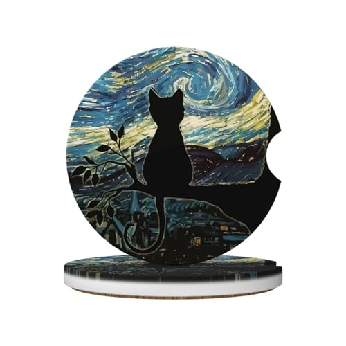 Aesthetic Black Cat Car Coasters for Cup Holders,2 Pack Car Cup Holder Coasters for Car,Ceramic Absorbent Car Coaster with A Finger Notch and Cork Base,Car Interior Accessories for Women Men - color: Aesthetic Black Cat