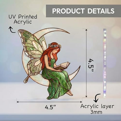 Stained Glass Fairy Sitting on Crescent Moon Decorative Hanging Ornament, Stained Acrylic Fairy Reading a Book Suncatcher, Car Rearview Mirror Charm, Gift for Fairy Lovers, Women,Girls,Teachers,Sun-39