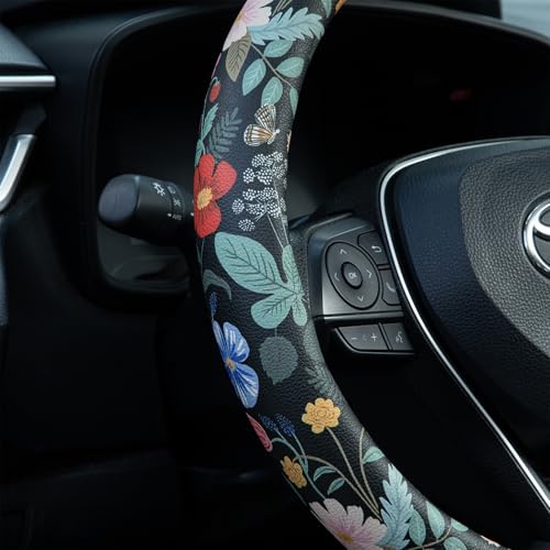 Flowers and Strawberries Steering Wheel Cover Auto Leather Steering Wheel Protector, Anti-Slip, Breathable, Absorbing Sweat, Universal Car Accessories 14.5–15 inch,Fit for Most Car, Trucks, SUV - style: Flowers and Strawberries