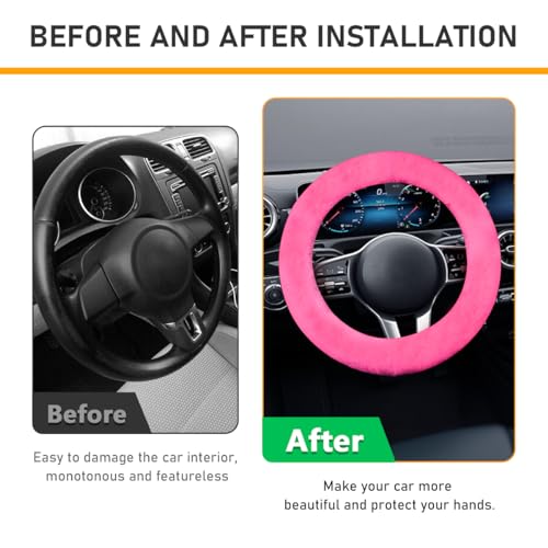 Ohleats 6 PCS Fluffy Steering Wheel Covers Set, 15'' Furry Car Wheel Cover, Soft Gear Shift & Handbrake Cover, Center Console & Seat Belt Shoulder Pads for Women, Car Accessories (Pink) - color: Pink