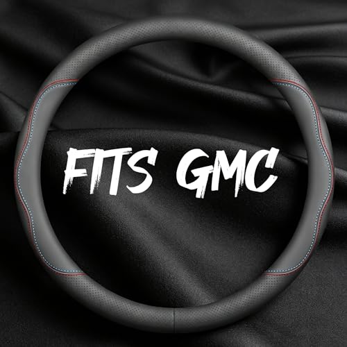 Leather Car Steering Wheel Cover, Breathable Laser-Perforated, Red-Blue Dual Lines, Premium Texture, 14.5-15 Inch for GMC - color: Red and blue dual lines, size: For GMC