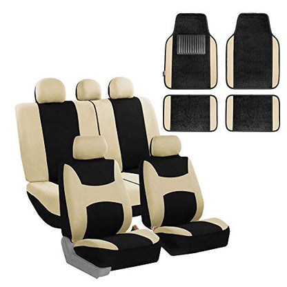 FH Group Light & Breezy Cloth Seat Full Car Seat Covers (Airbag & Split Ready) with Carpet Floor Mats- Universal Car, Truck, SUV, or Van (Beige/Black) FB030115 - color: Beige