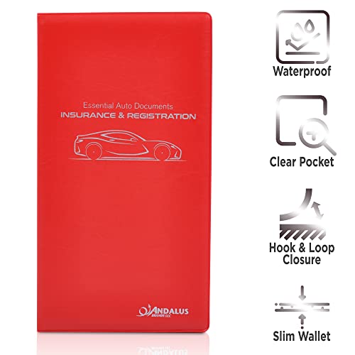 Andalus Auto Registration & Insurance Card Holder Pack of 2, Waterproof Essential Car Registration Holder with Hook & Loop Closure, Perfect for Every Vehicles Glove Boxes (Red - 9.5" x 5.15") - color: Red