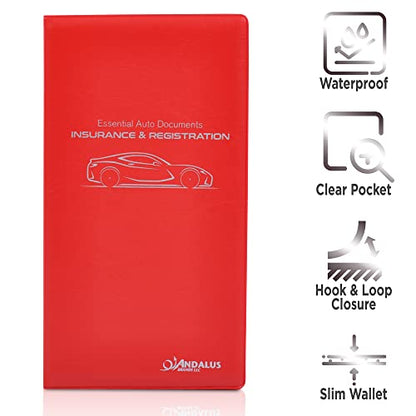 Andalus Auto Registration & Insurance Card Holder Pack of 2, Waterproof Essential Car Registration Holder with Hook & Loop Closure, Perfect for Every Vehicles Glove Boxes (Red - 9.5" x 5.15") - color: Red