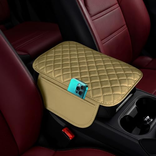Upgraded Car Middle Center Console Cover,Microfiber Leather Car Armrest Cover Cushion with 2 Storage Bags,Universal Car Armrest Storage Box Car Interior Accessories for Most Vehicles (Beige) - color: Beige
