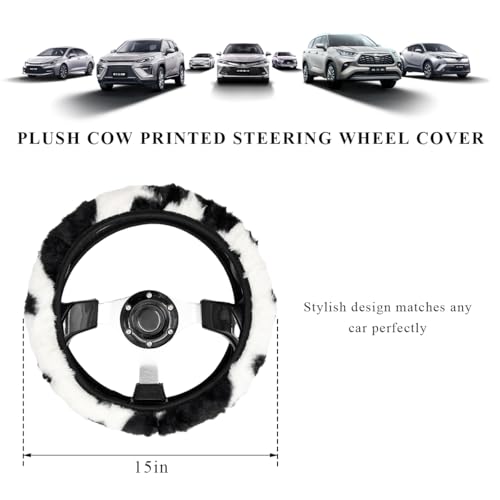 Cow Print Car Steering Wheel Cover, Cute Cow Print Anti-Slip Plush Wheel Protector for Winter Warm, Soft Fluffy Comfortable Grip Printed Wheel Covers for Women Girls - color: Steering Wheel Cover