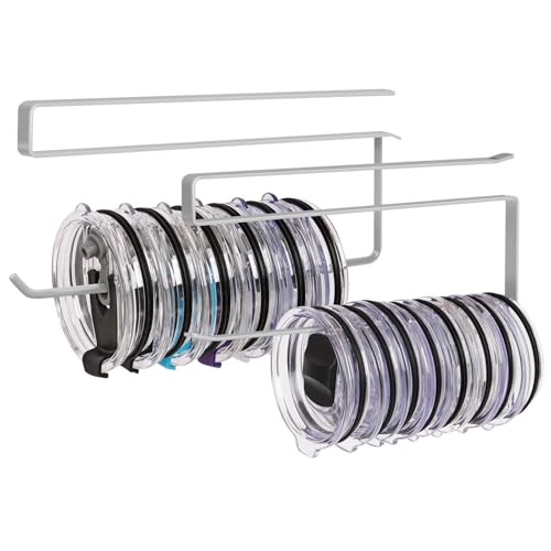 2 Pack Tumbler Lid Organizer, Horizontal Tumbler Lid Storage Hook Up to 20 Lids, Space Saving Cup Lid Holder Under Cabinet Tumbler Lid Hook for Kitchen Organizer, Paper Towel Hanger(Round&Flat, Grey) - color: Gray, size: 2 Pack(Round&Flat)