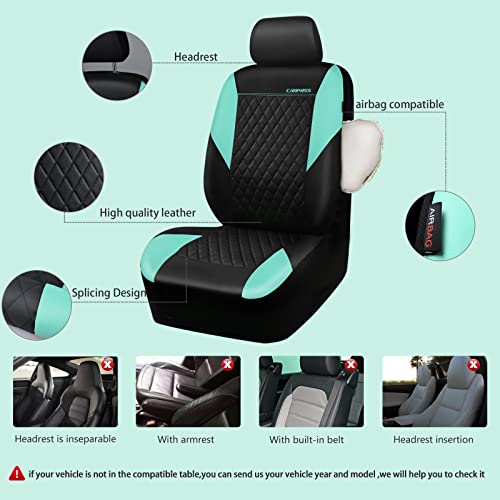 CAR PASS Mint Leather Seat Covers Full Set-Universal Quilting Cute Girly Car Seat Cover with 5mm Composite Sponge Inside,Airbag Compatible,2zipper Bench for Most Sedan,SUV,Truck(Full Set,Mint) - color: Black and Mint, size: Full Set (Front and Rear)