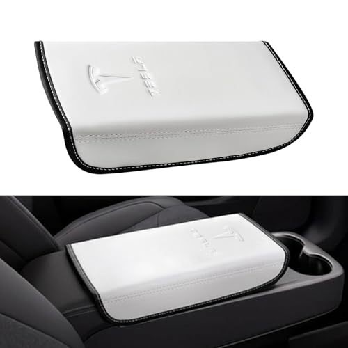 Center Console Armrest Cover for Tesla Model 3 2017-2023 & Model Y 2020-2025 with Embossed Logo& Key Card Holder | Scratch Resistant Interior Easy Install Accessories, White - color: white
