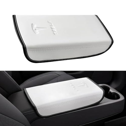 Center Console Armrest Cover for Tesla Model 3 2017-2023 & Model Y 2020-2025 with Embossed Logo& Key Card Holder | Scratch Resistant Interior Easy Install Accessories, White - color: white