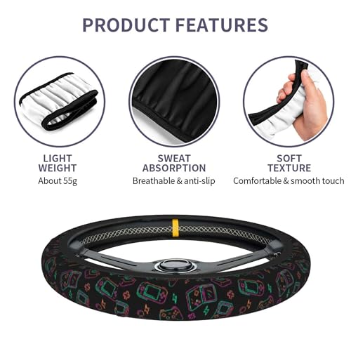 Game Steering Wheel Cover with 2 Car Coasters Non Slip Neoprene for Women Men Universal 15 Inch - color: Game