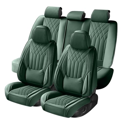 Green Car Seat Covers Full Set, Full Coverage Luxury Leather Green Seat Covers for Front and Rear Car Seats Waterproof Anti-Slip Cover Set Universal Fit for Most 5-Seater Cars SUVs - color: Green, size: Full Set