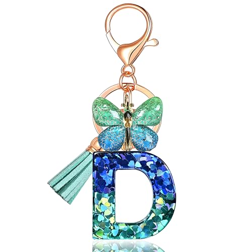 JINGUAZI Initial letter Keychains for Women Tassel Butterfly Pink Purple Cute Car Keychain for Wallet Backpack bag charm - color: D-blue Green