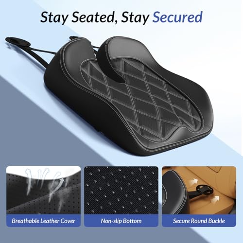 ZIKEE Leather Car Seat Cushion for Driving Relieves Tailbone & Thigh Pain, Ergonomic Dual Memory Foam Seat Cushion for Car, Raised Back for Wider Vision, Rub-Resistant & Easy-to-Clean Cover, Non-Slip
