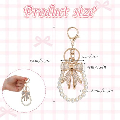 2 Pcs White Rhinestone Bowknot Keychain Imitation Pearl Chains Sparkly Bow Purse Charm Bag Charms for Handbags Purse Backpacks Handbag Charms Keychain Accessories for Women