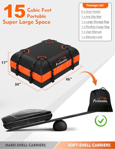 FIVKLEMNZ Car Rooftop Cargo Carrier Roof Bag Waterproof for All Top of Vehicle with/Without Rack Includes Topper Anti-Slip Mat + Reinforced Straps + 6 Door Hooks + Luggage Lock - size: 15 Cubic Feet