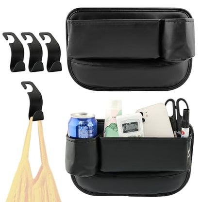 2Packs Car Seat Filler Organizer, Seat Gap Storage Box with Water Cup Holder & 4 Car-Seat Headrest Hooks, Universal fit for Most Car, for Phone, Keys, Wallet, Sunglasses and Bottles, Prevent Dropping