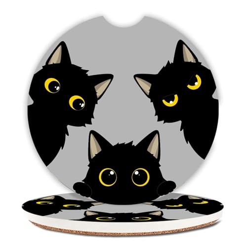 Cute Black Cats Ceramic Cup Holders Car Coasters Set for Women/Men,Drink Cup Car Holder Coasters with A Finger Notch 2.56" Pack of 2.
