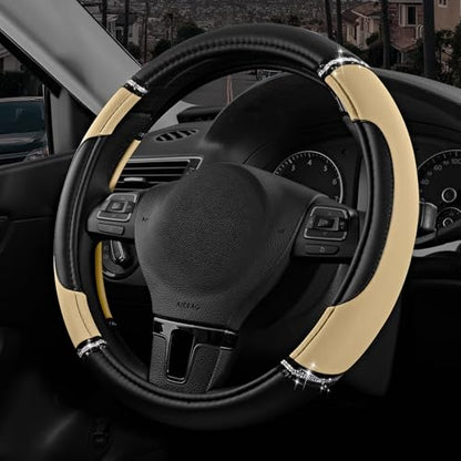 Road Comforts Leather Steering Wheel Cover - Made with PVC Leather - Anti-Slip, Universal Fit 14 1/2 inches to 15 inches - Beige - color: Beige