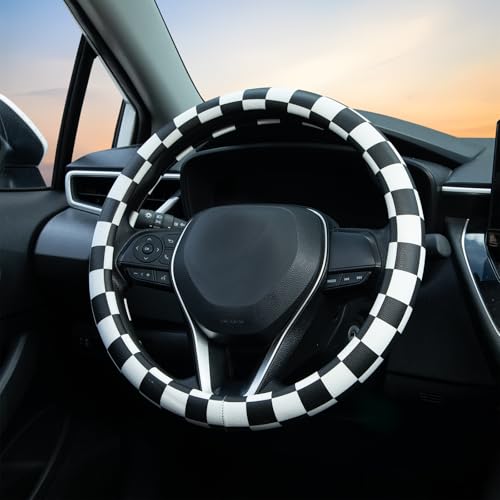Black and White Race Checkered Steering Wheel Cover Auto Leather Steering Wheel Protector, Anti-Slip, Breathable, Absorbing Sweat, Universal Car Accessories 14.5–15 inch,Fit for Most Car, Trucks, SUV