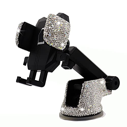 Bling Car Phone Mount Holder,Shiny Crystal Rhinestone Phone Stand for Women and Girls, Car Accessories for Windshield Dashboard,Compatible with Most Cellphones (White) - color: white