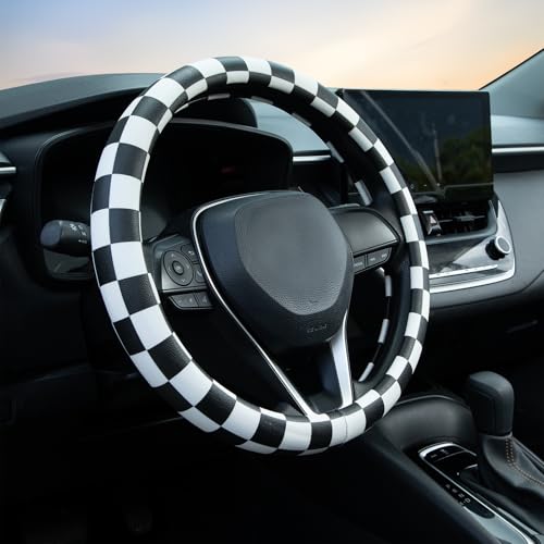 Black and White Race Checkered Steering Wheel Cover Auto Leather Steering Wheel Protector, Anti-Slip, Breathable, Absorbing Sweat, Universal Car Accessories 14.5–15 inch,Fit for Most Car, Trucks, SUV - style: Black and White Race Checkered