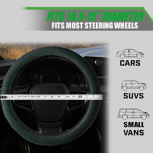 Suede Steering Wheel Cover with Upgraded Silicone Inner Ring, Breathable, Anti-Slip, Leather Universal 14.5 to 15 Inch Steering Wheel Cover (Green with Handwoven Craft) - style: Green with Handwoven Craft