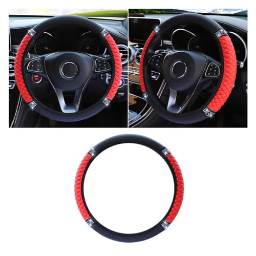 Bling Soft Leather Steering Wheel Cover, 15 Inch Colorful Rhinestones Auto Elastic Protector with Crystal Diamond for Women Girls, Car Accessories for Most Cars, SUVs (Red) - color: Red