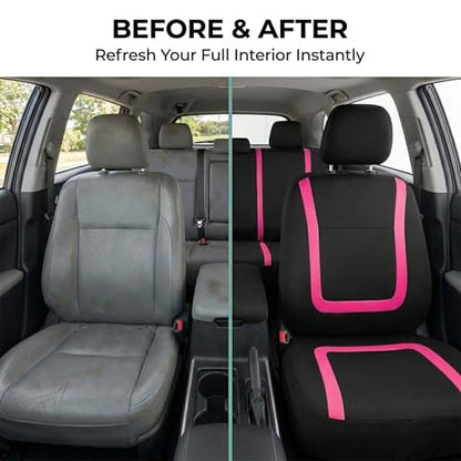 FH Group Full Set Car Seat Covers Unique Flat Cloth, Front Set and Solid Bench Cover with Gift, Easy to Install- Universal Fit for Cars Trucks and SUVs (Pink) - color: pink