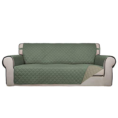 PureFit Reversible Quilted Sofa Cover, Water Resistant Slipcover Furniture Protector, Washable Couch Cover with Non Slip and Elastic Straps for Kids, Pets (Oversized Sofa, Greyish Green/Beige) - color: Greyish Green/Beige, size: X-Large