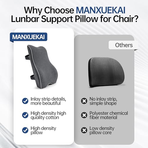 Plush Comfortable Memory Foam Lumbar Support Pillow - Soft Back Cushion for Office Chair, Car Seat, Gaming Chair - Ergonomic Lower Back Pain Relief with Adjustable Straps & Washable Cover-Dark Grey
