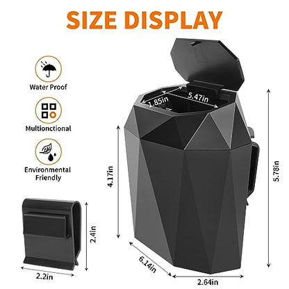 Wontolf Mini Car Trash Can Bin Garbage Can with Lid and 60pcs Trash Bags, ABS Diamond Design Dustbin Car Organizer Container Accessories