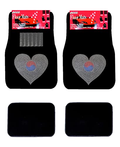 Universal Fit Front/Rear 4-Piece Full Set Crystal Bling Rhinestone Design Studded Black Carpet Floor Mats (Korea Heart/Black) - color: Korea Heart/Black