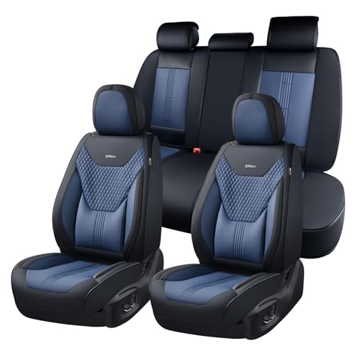 Coverado Car Seat Covers Full Set, Front Seat Covers with Lumbar Support and Back Seat Cover Waterproof Leather Automotive Seat Cover, Universal Car Interior Protectors Cushion for Most Cars - color: Black-Blue, size: FullSet