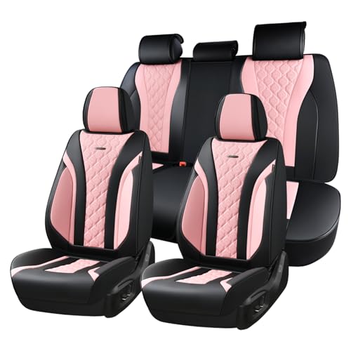 Coverado Car Seat Covers, Black Pink Leather Seat Covers Full Set, Perforated Diamond Leather Car Seat Cover, Waterproof Car Seat Protector Universal 5 Seats Seat Covers Fit for Most Cars SUV Trucks - color: 1-Black&Pink, size: FullSet