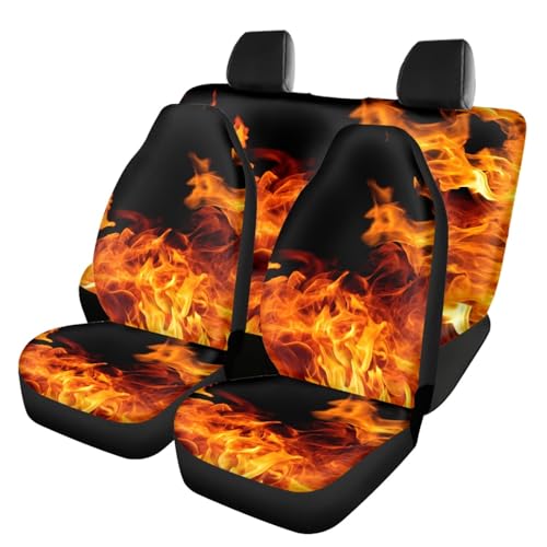 FUSURIRE Automotive Seat Covers Full Set of 4 Pcs, Orange Flame Print Front Seat Cover and Rear Bench Cover, Novelty Car Accessories Universal Fit - color: Orange Flame Print
