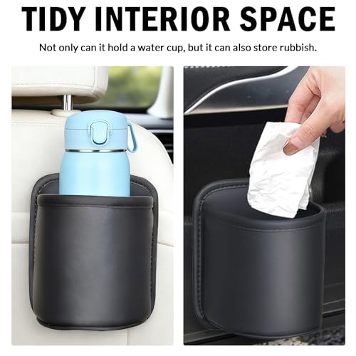 2 Pack Extra Cup Holder for Car, Clip-On Car Door Cup Holder Organizer, PU Leather Car Drink Holder for Small Bottle Coffee Cup Phone Keys Cards, Automotive Seat Pocket Storage, Black