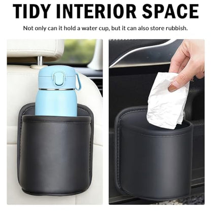 2 Pack Extra Cup Holder for Car, Clip-On Car Door Cup Holder Organizer, PU Leather Car Drink Holder for Small Bottle Coffee Cup Phone Keys Cards, Automotive Seat Pocket Storage, Black
