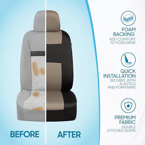 BDK PolyPro Car Seat Covers Full Set in Light Beige on Black, Front and Rear Split Bench Seat Covers for Cars, Easy to Install Car Seats Cover Set and Accessories for Auto Trucks Van SUV - Light Beige - color: Light Beige
