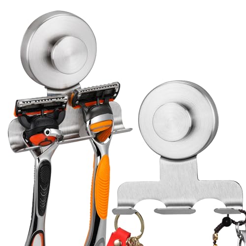 No-Drill Suction Cup Razor and Shaver Holder, Stainless Steel Shower Hook for Towel & Loofah, Damage-Free Reusable Bathroom Wall Organizer (2, Brushed Nickel) - color: Brushed Nickel
