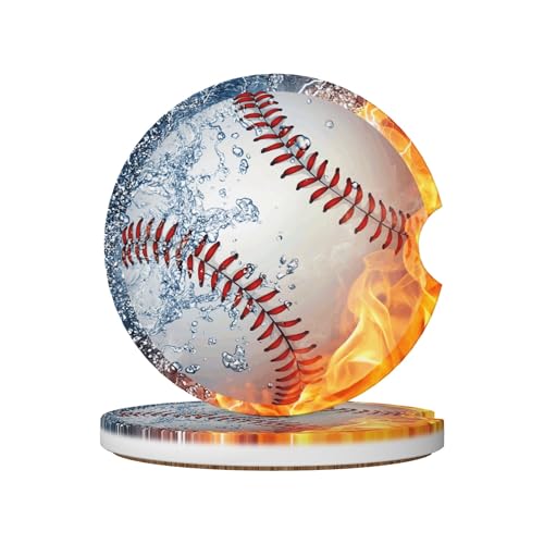 Baseball Water Fire Art Car Cup Holder Coasters 2 Pack Universal 2.63 Inch Anti Slip Ceramic Absorbent Coaster with Cork Base and Finger Notch Cute Car Accessories Interior for Women - color: Red