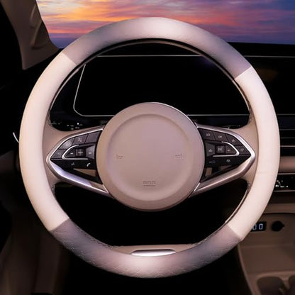 Steering Wheel Cover, Gray White Leather Steering Wheel Cover 14.5-15 Inch Non-Slip Breathable Microfiber Car Steering Wheel Covers for Men Women - color: Gray White