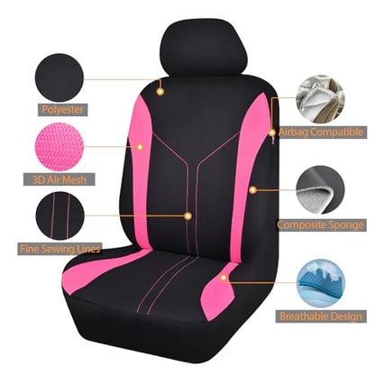 Flying Banner Car Seat Covers Full Set Front Seats and Rear Bench Mesh Fabric Splicing Polyester Cover Black with Pink Color - color: Black Pink, size: Full Set