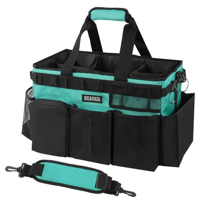 Wearable Cleaning Caddy Bag, Cleaning Caddy Supplies Organizer with Handle & Shoulder Straps for Housekeepers, Under Sink & Car Cleaning Tool Organizers with 4 Foldable Divider (Lake Blue)