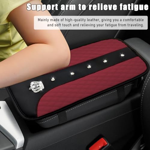 Bling Crown Car Center Console Mats, Anti-Slip and Waterproof Crystal Car Armrest Pad Protector, Universal Rustproof Armrest Decor Cushion for Cars & SUVs, Car Accessories (Wine Red) - color: Wine Red