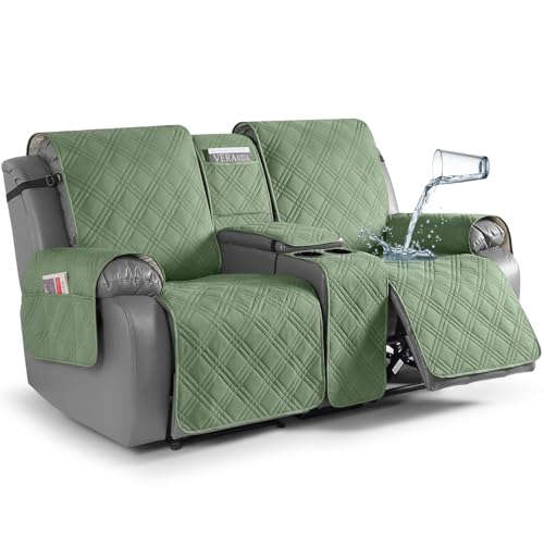 TAOCOCO Waterproof Loveseat Recliner Cover with Console, Non-Slip Reclining Loveseat with Console Cover with Pocket, Split Recliner Sofa Covers Furniture Protector for Pets Dogs(2 Seater, Bean Green) - color: Bean Green, size: 2 Seater