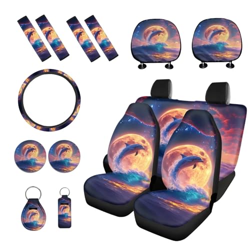 Dolphin Moon Printed 15 Pcs Car Seat Cover Full Set, Stretchy Car Accessories Set Front Rear Seat Covers with Steering Wheel Cover Car Headrest Cover Seat Belt Covers Car Coaster - color: Purple and Orange-Dolphin Moon