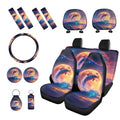 Dolphin Moon Printed 15 Pcs Car Seat Cover Full Set, Stretchy Car Accessories Set Front Rear Seat Covers with Steering Wheel Cover Car Headrest Cover Seat Belt Covers Car Coaster - color: Purple and Orange-Dolphin Moon