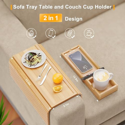 Bamboo Sofa Armrest Tray - Couch Arm Tray with Detachable Couch Cup Holder - 2 in 1 Anti-Slip Foldable Sofa Armchair Caddy Table for Drinks Cellphone TV Remote Snacks - color: Bamboo, size: 16.3" x 13.3" x 2"