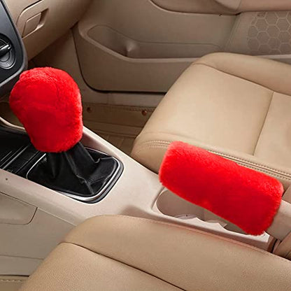 ZYNQACC 4PCS Set Fluffy Steering Wheel Covers with Handbrake Cover&Gear Shift Cover&Plush Keychain Faux Wool Furry Steering Wheel Cover for Women Auto Interior Universal Fit for 15 Inch (Red)